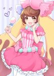  1girl animal_ears blue_background bow brown_eyes brown_hair candy candy_lapin_(show_by_rock!!) food highres holding holding_candy holding_food holding_lollipop light_blue_background lollipop looking_at_viewer lop_rabbit_ears mel6969 multicolored_shirt open_mouth pink_bow pink_shirt puffy_short_sleeves puffy_sleeves rabbit_ears rabbit_girl shirt short_hair short_sleeves show_by_rock!! smile solo striped striped_background swirl_lollipop white_shirt 