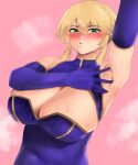  1girl absurdres arm_up armpits artoria_pendragon_(fate) artoria_pendragon_(lancer)_(fate) blonde_hair blue_gloves blush breasts cleavage closed_mouth covered_navel dutch_angle elbow_gloves eyelashes fate/grand_order fate_(series) full-face_blush gloves gold_trim green_eyes hair_between_eyes hand_up highres large_breasts looking_at_viewer pink_background presenting_armpit shiny_skin short_hair_with_long_locks sleeveless smell solo spread_armpit steaming_body sweat sweatdrop upper_body yotamono 