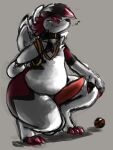  2021 anthro belly big_belly bodily_fluids collar cum erection fur generation_7_pokemon genital_fluids genitals hand_on_knee hand_on_leg hi_res looking_at_viewer lycanroc male musical_note nintendo penis pokeball pokemon pokemon_(species) raster_dreams red_body red_fur simple_background solo solo_focus white_belly 