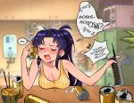  1girl beer_can blush breasts can closed_eyes drunk earrings food highres instant_ramen jewelry katsuragi_misato kitchen neon_genesis_evangelion noodles open_mouth plant purple_hair ramen snegovski solo 