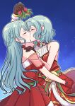  2girls absurdres akamirai aqua_hair bang_dream! bare_shoulders bell black_gloves blue_background bow bowtie braid choker christmas closed_eyes detached_sleeves dress gloves hair_bow highres hikawa_hina hikawa_sayo holding_mistletoe incest kiss light_blush long_hair medium_hair mistletoe multicolored_ribbon multiple_girls multiple_hair_bows red_bow red_bowtie red_choker red_dress red_gloves ribbon second-party_source siblings sisters twin_braids twincest twins waist_ribbon yellow_bow yuri 