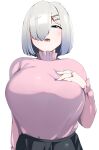  1girl absurdres blue_eyes breasts dress hair_ornament hair_over_one_eye hairclip hamakaze_(kancolle) hand_on_own_chest hauto-san highres jewelry kantai_collection large_breasts looking_at_viewer medium_hair pink_dress ring sweater turtleneck_dress upper_body white_background white_hair 
