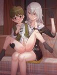  1boy 1girl age_difference ass black_gloves black_socks blush bottomless brown_eyes brown_jacket closed_mouth collarbone couch curtains foreskin gloves grey_hair hair_between_eyes hand_up hetero highres honkai:_star_rail honkai_(series) imminent_spanking indoors jacket long_hair long_sleeves on_couch on_lap onee-shota open_mouth paid_reward_available phimosis s-goon shirt short_hair sidelocks socks spanked spanking spread_legs stelle_(honkai:_star_rail) testicles thigh_strap trailblazer_(honkai:_star_rail) vest white_shirt window yellow_eyes 