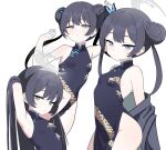  1girl adjusting_hair black_dress black_hair blue_archive braid braided_bun breasts butterfly_hair_ornament china_dress chinese_clothes closed_mouth coat double_bun dragon_print dress grey_coat grey_eyes hair_between_eyes hair_bun hair_down hair_ornament halo highres kisaki_(blue_archive) long_hair looking_at_viewer parted_lips qusouzu_mogari short_dress sidelocks sleeveless sleeveless_dress small_breasts upper_body 