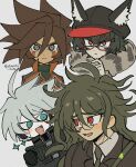  4boys :d ahoge android animal_ears animal_hat black_headwear blue_eyes blush brown_hair brown_jacket cabbie_hat closed_mouth collared_shirt commentary_request danganronpa_(series) danganronpa_v3:_killing_harmony excited finger_to_own_chin fur_collar genda_koujirou glasses gokuhara_gonta green_hair green_necktie hair_between_eyes hat inazuma_eleven inazuma_eleven_(series) jacket k1-b0 karabako long_hair looking_at_another looking_at_viewer male_focus master_detective_archives:_rain_code messy_hair multiple_boys necktie open_mouth power_armor red-framed_eyewear red_eyes round_eyewear shirt short_hair simple_background smile sparkle thinking upper_body v-shaped_eyebrows white_hair white_shirt zilch_alexander 