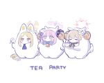  3girls angel_wings animal_costume animal_ears bird blonde_hair blue_archive bow bowtie cup ekoru flower hair_flower hair_ornament halo long_hair mika_(blue_archive) multiple_girls nagisa_(blue_archive) pink_hair seia_(blue_archive) sheep_costume tea_party_(blue_archive) teacup white_background white_wings wings 