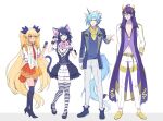  2boys 2girls absurdres animal_ears black_hair blonde_hair blue_eyes blue_hair cat_ears cat_girl cow_boy cow_horns cyan_(show_by_rock!!) dog_ears dog_girl dog_tail full_body glasses highres horns horse_ears horse_tail long_hair looking_at_viewer mel6969 multicolored_hair multiple_boys multiple_girls orange_eyes orion_(show_by_rock!!) purple_hair retoree short_hair show_by_rock!! single_horn tail titan_(show_by_rock!!) unicorn_boy white_background 