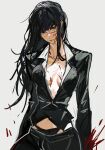  1girl absurdres black_hair blood blood_on_face breasts chainsaw_man cleavage collared_shirt cross_scar formal glaring hair_between_eyes highres long_hair looking_at_viewer medium_breasts mkmwyydlp panties pants partially_unbuttoned red_eyes ringed_eyes scar scar_on_cheek scar_on_face shirt suit underwear white_background yoru_(chainsaw_man) 