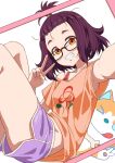  1girl armpits asanaya blush breasts cat glasses godzilla_(series) godzilla_singular_point highres kamino_mei looking_at_viewer medium_hair orange_eyes orange_shirt purple_hair shirt short_shorts shorts simple_background sitting small_breasts smile solo teeth v viewfinder white_background 