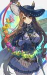  1girl animal_ears blue_flower brown_hair character_request commentary_request flower green_flower hat hat_feather holding holding_sword holding_weapon horse_ears long_hair looking_at_viewer multicolored_flower orange_eyes orange_flower parted_bangs pink_flower red_flower sidelocks smile sword umamusume weapon yellow_flower youmicitrustea 