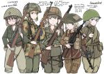  5girls 82nd_airborne absurdres airborne ammunition_pouch arisaka bandaid bandaid_on_face bandaid_on_nose blonde_hair bolt_action british_army combat_helmet gun gun_sling helmet highres m1_garand mauser_98 military military_uniform multiple_girls original patch pouch ppsh-41 rifle savankov soviet_army sten_gun submachine_gun uniform united_states_army weapon wehrmacht white_hair world_war_ii 