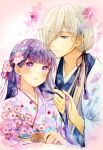  1boy 1girl animal_print blonde_hair blue_eyes blue_kimono blunt_bangs blush branch butterfly_print cherry_blossoms comb eye_contact fingernails floral_print flower hair_behind_ear hair_flower hair_ornament hair_over_one_eye hair_over_shoulder hair_ribbon haori hetero highres holding holding_another&#039;s_hair holding_branch holding_comb jacket japanese_clothes kimono kudou_kiyoka long_hair looking_at_another low_ponytail obi painting_(medium) parted_lips pink_flower pink_kimono print_kimono purple_eyes purple_hair purple_ribbon ribbon saimori_miyo sash tassel traditional_media upper_body watashi_no_shiawase_na_kekkon watercolor_(medium) white_jacket yuyuharu_1027 