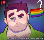  1boy ? bara beard chest_hair facial_hair green_eyes green_shirt large_pectorals looking_at_viewer male_focus mature_male meme muscular muscular_male pectoral_cleavage pectorals portrait pride_flag_question_mark_(meme) purple_hair rainbow_flag raised_eyebrow rumple_tumple shane_(stardew_valley) shirt short_hair solo stardew_valley thick_eyebrows 