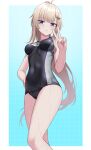  1girl absurdres ahoge ak74m_(girls&#039;_frontline) ak74m_(trident_and_fish_slicer)_(girls&#039;_frontline) bare_legs bare_shoulders black_one-piece_swimsuit blonde_hair blue_background blue_eyes blush breasts closed_mouth covered_navel girls&#039;_frontline hair_between_eyes hair_ornament hand_on_own_hip highres legs long_hair looking_at_viewer medium_breasts official_alternate_costume one-piece_swimsuit school_swimsuit simple_background snowflake_hair_ornament solo swimsuit two-tone_swimsuit v water_drop wet yakob_labo 