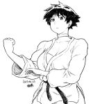  1girl breasts choker commentary_request cowboy_shot dated dougi fighting_stance greyscale karate karate_gi makoto_(street_fighter) martial_arts_belt monochrome ribbon_choker short_hair signature solo sports_bra street_fighter tomboy tsukudani_(coke-buta) white_background 