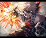  1boy angry baggy_pants bakugou_katsuki belt black_mask black_pants black_tank_top blonde_hair blurry boku_no_hero_academia chromatic_aberration clenched_hands collarbone commentary_request embers explosion explosive eye_mask eyes_visible_through_eyewear furrowed_brow gloves green_gloves grenade hands_up headgear highres leaning_forward letterboxed light looking_ahead making-of_available male_focus medibang_paint_(medium) narrow_waist onk_(kkkarb) open_mouth orange_gloves pants partial_commentary red_eyes sanpaku short_hair sleeveless smoke snap-fit_buckle solo spiked_hair tank_top two-tone_gloves upper_body v-neck v-shaped_eyebrows x 