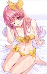  1girl alternate_costume arm_support atelier_(series) atelier_lydie_&amp;_suelle bare_shoulders barefoot bikini blush bow breasts collarbone commentary_request full_body hair_bow hand_on_own_head highres large_breasts long_hair looking_at_viewer navel one_eye_closed pink_eyes pink_hair ryuuno6 sitting smile solo suelle_marlen swimsuit wariza yellow_bikini yellow_bow 