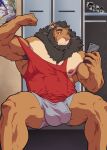  absurd_res anthro areola armpit_hair barazoku biped body_hair brown_body brown_fur bulge cellphone countershade_face countershade_fur countershade_torso countershading felid fingers flexing_bicep fur genital_outline hi_res holding_cellphone holding_object holding_phone holding_smartphone inner_ear_fluff lion male mammal mane muscular muscular_anthro muscular_male nipples pantherine pecs penis_outline phone smartphone solo stangun tuft 