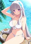  1girl arm_up bikini blue_archive blunt_bangs breasts closed_mouth collarbone day halo headgear large_breasts long_hair looking_at_viewer navel noa_(blue_archive) outdoors purple_eyes rin_ateria sitting smile solo stomach swimsuit thighs very_long_hair water white_bikini white_hair 