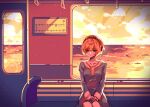 1girl aegis_(persona) android blonde_hair blue_dress blue_eyes cloud cloudy_sky dress emi_star frilled_dress frills hand_grip highres looking_down ocean own_hands_together persona persona_3 reflection reflective_water sad short_hair sitting sky solo sunset train_interior upper_body vignetting 