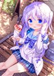  1girl artist_name bench blue_eyes blue_hair blue_skirt blush chinomaron collarbone crepe day food gochuumon_wa_usagi_desu_ka? hair_ornament highres holding holding_food kafuu_chino light_blue_hair long_hair long_sleeves open_mouth plaid plaid_skirt pleated_skirt signature sitting skirt smile solo tippy_(gochiusa) twitter_username x_hair_ornament 