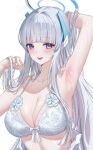  1girl arm_up armpits blue_archive blush bra breasts cleavage collarbone commentary grey_hair halo highres large_breasts lichiko long_hair looking_at_viewer mechanical_halo noa_(blue_archive) presenting_armpit purple_eyes revision simple_background smile solo straight_hair underwear upper_body very_long_hair white_background white_bra 