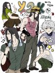  &lt;o&gt;_&lt;o&gt; 2boys alternate_costume bag baggy_pants blank_stare brothers character_name chibi chibi_inset collage cropped_shirt expressionless geulwe goggles green_pants grey_tank_top headphones headphones_around_neck highres hisoka_morow hunter_x_hunter illumi_zoldyck killua_zoldyck long_hair looking_at_viewer messy_hair multiple_boys one_eye_closed pants pink_tank_top siblings sideways_glance skinny socks squatting standing tank_top v 