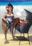  1girl absurdres ahoge animal_hands bare_shoulders bauble beer_can bird_legs black_hair blush boned_meat braid breasts brown_feathers brown_wings can cleavage commentary commission cooking denim denim_shorts feathers fence food green_eyes grill grilling harpy highres jewelry large_breasts long_hair meat monster_girl necklace original outdoors parted_bangs pointy_ears sharp_teeth shorts solo talons tan tank_top teeth twin_braids white_tank_top winged_arms wings wooden_fence yashrimp 