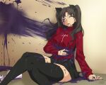 1girl against_wall black_hair cup disposable_cup fate/stay_night fate_(series) grimace_shake_(meme) long_sleeves mcdonald&#039;s meme miniskirt one_eye_closed open_mouth purple_liquid ryou_sakai sitting skirt solo teeth thighhighs tohsaka_rin tongue 