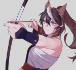  1girl animal_ears arrow_(projectile) bow_(weapon) breasts brown_hair chest_sarashi closed_mouth drawing_bow gloves grey_background hadanugi_dousa hair_between_eyes holding holding_bow_(weapon) holding_weapon horse_ears korean_commentary long_hair multicolored_hair outstretched_arm pink_eyes ponytail sarashi simple_background single_bare_shoulder single_glove small_breasts solo streaked_hair symboli_rudolf_(archer_of_the_white_moon)_(umamusume) symboli_rudolf_(umamusume) ukka_(0ukka_) umamusume upper_body v-shaped_eyebrows weapon 