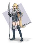  1girl armor armored_dress artist_name blonde_hair cm_lynarc cosplay cynthia_(fire_emblem) cynthia_(fire_emblem)_(cosplay) cynthia_(pokemon) fire_emblem full_body hair_over_one_eye highres holding holding_polearm holding_weapon long_hair looking_at_viewer name_connection pokemon polearm shoulder_armor signature smile solo spear weapon 