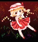  1girl absurdres artist_name ascot black_background blonde_hair chibi collared_shirt dark_background dungeon_toaster flandre_scarlet frilled_shirt_collar frilled_skirt frills gradient_background hat hat_ribbon highres letterboxed mary_janes medium_hair mob_cap multicolored_wings one_side_up pointy_ears puffy_short_sleeves puffy_sleeves rainbow_order red_background red_eyes red_footwear red_ribbon red_skirt red_vest ribbon shattered shirt shoes short_sleeves simple_background skirt socks solo tongue tongue_out touhou vest white_headwear white_shirt white_socks wings yellow_ascot 