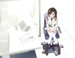  1girl brown_eyes brown_footwear brown_hair closed_mouth cofffee computer full_body green_background ibuki_maya looking_at_viewer neon_genesis_evangelion pantyhose perspective shadow short_hair sitting skirt smile solo standing uniform 