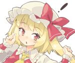  ! 1girl arnest ascot blonde_hair collared_shirt flandre_scarlet frilled_shirt_collar frills hat long_hair mob_cap one_side_up portrait red_eyes red_vest shirt simple_background solo touhou vest white_background white_headwear white_shirt wrist_cuffs yellow_ascot 