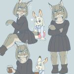  &lt;3 anthro canadian_lynx clothing coffee_cup container cup dress duo ekaki510 felid feline female hare kemono lagomorph leporid lynx mammal snowshoe_hare winter_coat 