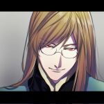  1boy bbb_813 brown_hair closed_mouth glasses glowing glowing_eyes grey_background highres jacket jade_curtiss long_hair looking_at_viewer male_focus red_eyes simple_background smile solo surcoat tales_of_(series) tales_of_the_abyss uniform 