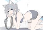  1girl absurdres all_fours animal_ear_fluff animal_ears bare_arms black_shorts black_sports_bra blue_archive blue_eyes blush cross_hair_ornament extra_ears foot_out_of_frame from_side grey_hair hair_ornament halo highres looking_at_viewer low_ponytail masabodo medium_hair mismatched_pupils nose_blush open_mouth ring-con shiroko_(blue_archive) shoes short_shorts shorts smile solo sports_bra sweat thigh_strap wolf_ears 