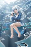  1girl aqua_nails bare_legs barefoot blue_eyes blue_hair blue_hoodie blurry blurry_background blurry_foreground blush bubble commentary depth_of_field feet fins fish fish_tail fpvjoe gawr_gura grey_hair hands_up highres holding hololive hololive_english hood hood_down hoodie knees_together_feet_apart legs long_sleeves looking_to_the_side microphone multicolored_hair music nail_polish open_mouth polearm shadow shark_girl shark_print shark_tail singing sitting solo streaked_hair symbol-only_commentary tail thighs toenail_polish toenails toes trident two_side_up underwater virtual_youtuber weapon 