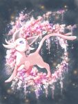  :3 animal_focus cherry_blossoms creature espeon flower forehead_jewel forked_tail grey_background highres no_humans pink_flower pink_fur pokemon pokemon_(creature) purple_eyes solo tabi_bito tail 