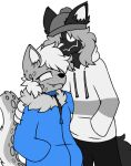  anthro black_body black_bottomwear black_clothing black_ears blue_clothing blue_hoodie blue_topwear bottomwear clothing duo everest_(not_odessa) fangs felid female fluffy_hood fur grey_body grey_fur grey_hair hair happy hoodie inner_ear_fluff male male/female mammal markings no_pupils pantherine pegacousin romantic romantic_couple snow_leopard spots spotted_markings teeth topwear tuft unknown_species white_hair white_mouth zephyr_(lord_bandicam) 