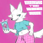  anthro breasts canid canine canis clothed clothing dairy_queen digital_media_(artwork) female food frown holding_food holding_object mammal midriff neck_tuft pajama_pants plaid solo text text_emphasis tuft wolf zzx zzx_reply_(zzx) 