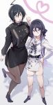  2girls :o absurdres ahoge belt black_belt black_hair black_jacket black_skirt blush bojue_(hakus_1128) bow breasts brown_eyes brown_pantyhose checkered_neckerchief danganronpa_(series) danganronpa_v3:_killing_harmony full_body genderswap genderswap_(mtf) grey_jacket hair_between_eyes hair_bow hand_on_own_hip hand_up heart highres jacket large_breasts long_hair long_sleeves multicolored_hair multiple_girls neckerchief oma_kokichi pantyhose pink_hair purple_bow saihara_shuichi sailor_collar short_hair skindentation skirt standing teeth torn_clothes torn_jacket two-tone_hair upper_teeth_only white_sailor_collar 