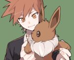  1boy black_jacket blue_oak blush brown_hair closed_mouth commentary_request eevee green_background holding holding_pokemon jacket looking_down male_focus momotose_(hzuu_xh4) orange_eyes pokemon pokemon_(creature) pokemon_(game) pokemon_hgss shirt short_hair simple_background smile spiked_hair twitter_username upper_body watermark 