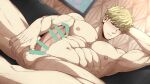  1boy alternate_muscle_size arm_behind_head blonde_hair blue_eyes blurry blurry_background blush completely_nude couch erection feet_out_of_frame highres indoors kuroshinki large_pectorals looking_at_penis male_focus muscular muscular_male navel nude on_couch parted_lips pectorals penis short_hair solo spy_x_family stomach teeth testicles twilight_(spy_x_family) variant_set veins veiny_arms 