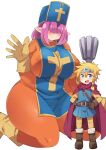  amagaeru_(hylathewet) belt blonde_hair blue_dress blue_eyes blue_headwear blush bodysuit boots braid breasts brown_footwear character_request circlet closed_mouth commentary_request commission covered_nipples cross dragon_quest dragon_quest_iii dress feet_out_of_frame full_body hair_over_eyes hat highres horns huge_breasts knee_boots kneeling latin_cross long_bangs long_hair long_sleeves looking_at_viewer medium_hair open_mouth orange_bodysuit pink_hair pleated_dress pointy_ears priest_(dq3) simple_background single_braid single_horn size_difference skeb_commission sleeveless sleeveless_dress smile thick_thighs thighs white_background 