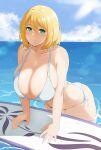  1girl absurdres bikini blonde_hair blue_eyes blue_sky breasts cleavage cloud cloudy_sky coco_(setawar) highres holding holding_surfboard medium_hair ocean original shadow sky smile solo sunlight surfboard swimsuit water white_bikini 