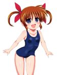  1girl blue_one-piece_swimsuit breasts brown_hair feet_out_of_frame long_hair lyrical_nanoha mahou_shoujo_lyrical_nanoha old_school_swimsuit one-piece_swimsuit open_mouth purple_eyes school_swimsuit simple_background small_breasts smile solo swimsuit takamachi_nanoha twintails white_background yaeba 