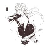  1girl bare_shoulders breasts chinese_text dated dress ejami greyscale gun jewelry jinx_(league_of_legends) league_of_legends long_hair looking_at_viewer monochrome nail_polish necklace signature simple_background skirt smile solo thighhighs weapon white_background 