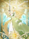  1girl arch blonde_hair breasts closed_eyes copyright_name dress earrings english_commentary flower green_dress hair_flower hair_ornament halo highres holding holding_sword holding_weapon jewelry lips long_dress long_hair long_sleeves medium_breasts miracle_nikki official_art solo sun_symbol sunlight sword water weapon 