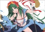  1girl bandages bandeau blue_skirt breasts chest_sarashi cleavage commentary_request fire_emblem fire_emblem:_the_blazing_blade fire_emblem_heroes green_eyes green_hair holding holding_weapon large_breasts long_hair looking_at_viewer lyn_(fire_emblem) mask mask_on_head midriff miyazakit official_alternate_costume one_eye_closed sarashi simple_background skirt solo strapless thighs tube_top unfinished very_long_hair weapon white_background 